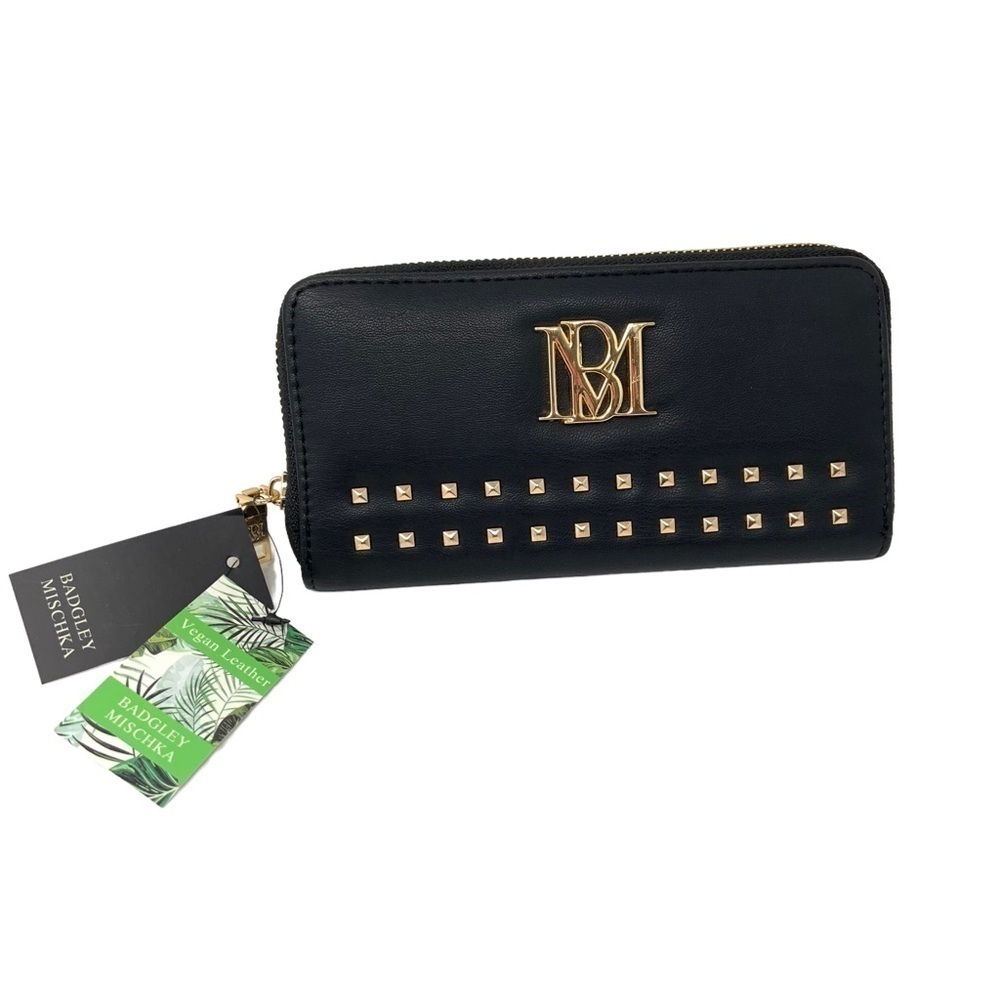 Badgley Mischka Studded Vegan Faux Leather Wallet Black Full Zip NWT